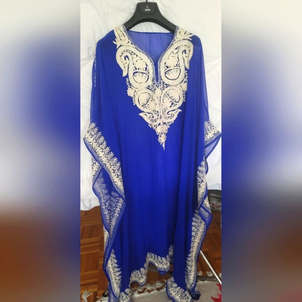 Embroidered Royal Blue Women's Swim Coverup Kaftan